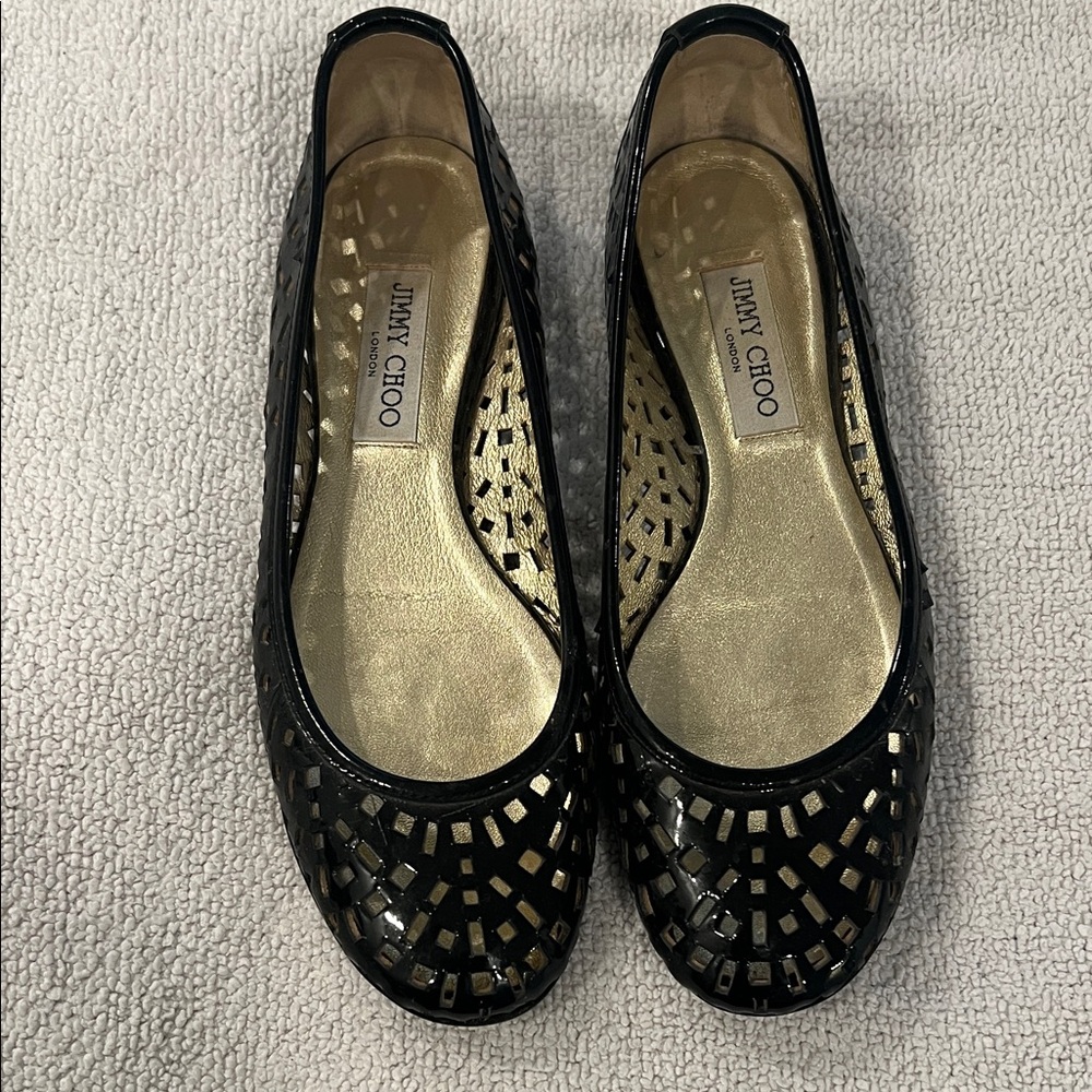 Jimmy Choo Black Patent Laser-Cut Ballet Flats